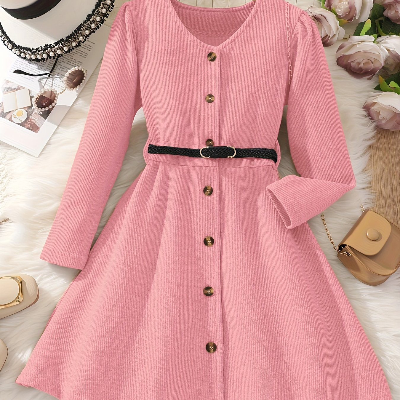 Girl's Elegant Textured Button Up Maxi Dress For Spring/autumn, Kids Clothing