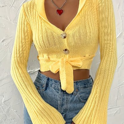 vlovelaw  Bow Tie Solid Knit Cardigan, Casual Button Front Flared Sleeve Sweater, Women's Clothing