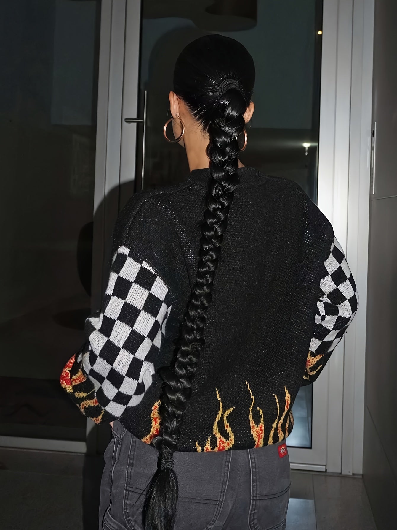 vlovelaw  Y2K Streetwear Sweater, Flame Pattern Long Sleeve Casual Sweater, Women's Clothing