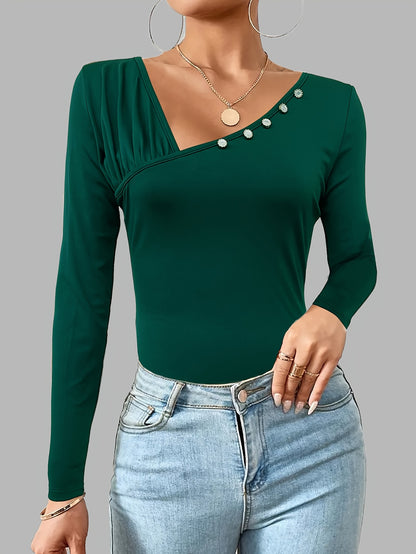 Solid Ruched Button Decor T-Shirt, Casual Long Sleeve Top For Spring & Fall, Women's Clothing