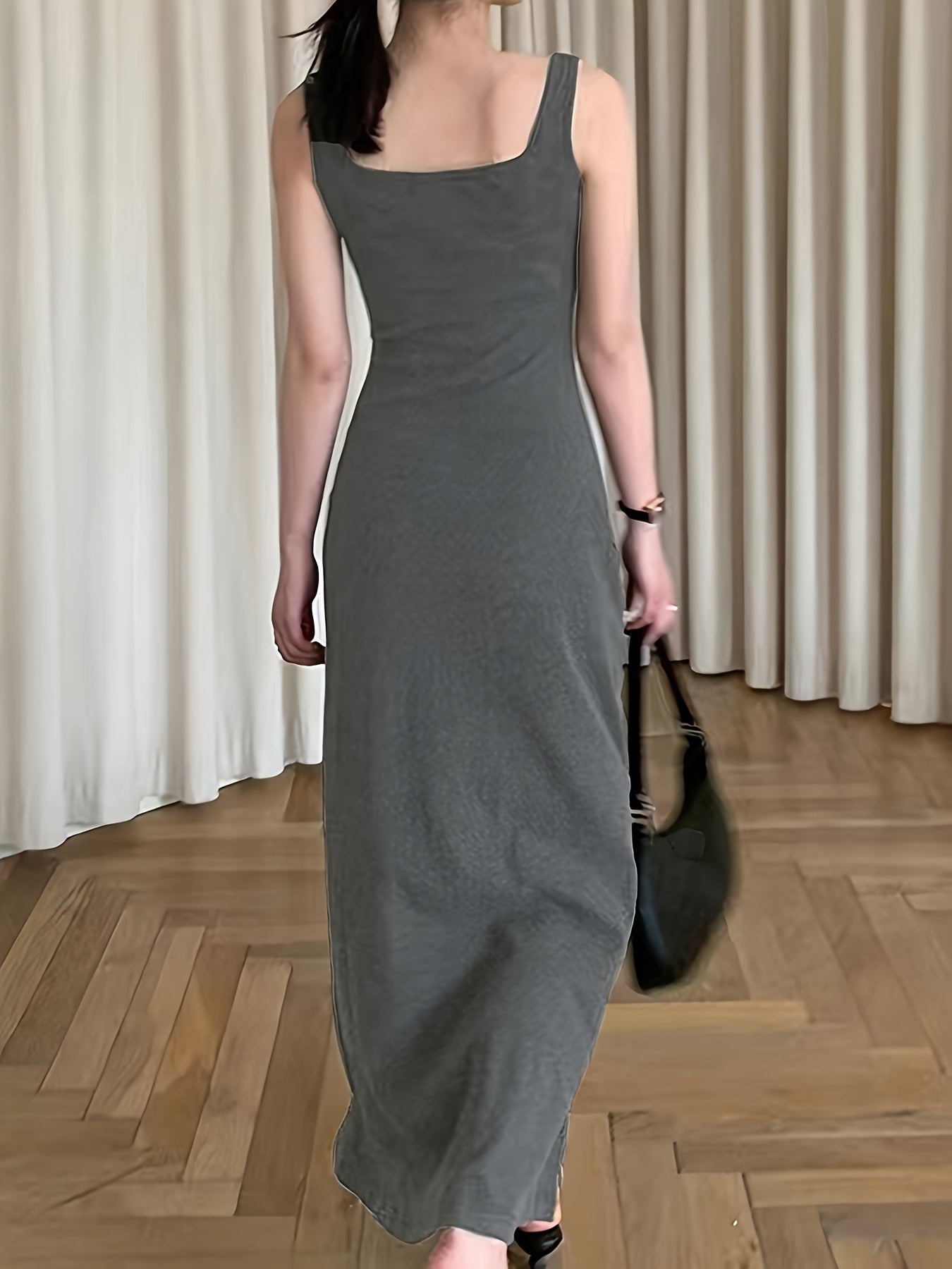 vlovelaw  Solid Button Front Tank Dress, Chic Square Neck Sleeveless A-line Ankle Length Dress, Women's Clothing