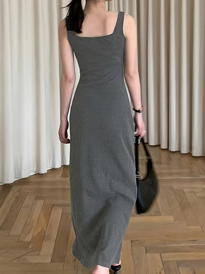 vlovelaw  Solid Button Front Tank Dress, Chic Square Neck Sleeveless A-line Ankle Length Dress, Women's Clothing