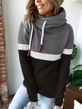 vlovelaw  Plus Size Casual Sweatshirt, Women's Plus Colorblock Long Sleeve Drawstring High Neck Hoodie