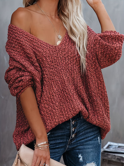 Solid V Neck Knitted Pullover Top, Casual Long Sleeve Sweater For Fall & Winter, Women's Clothing