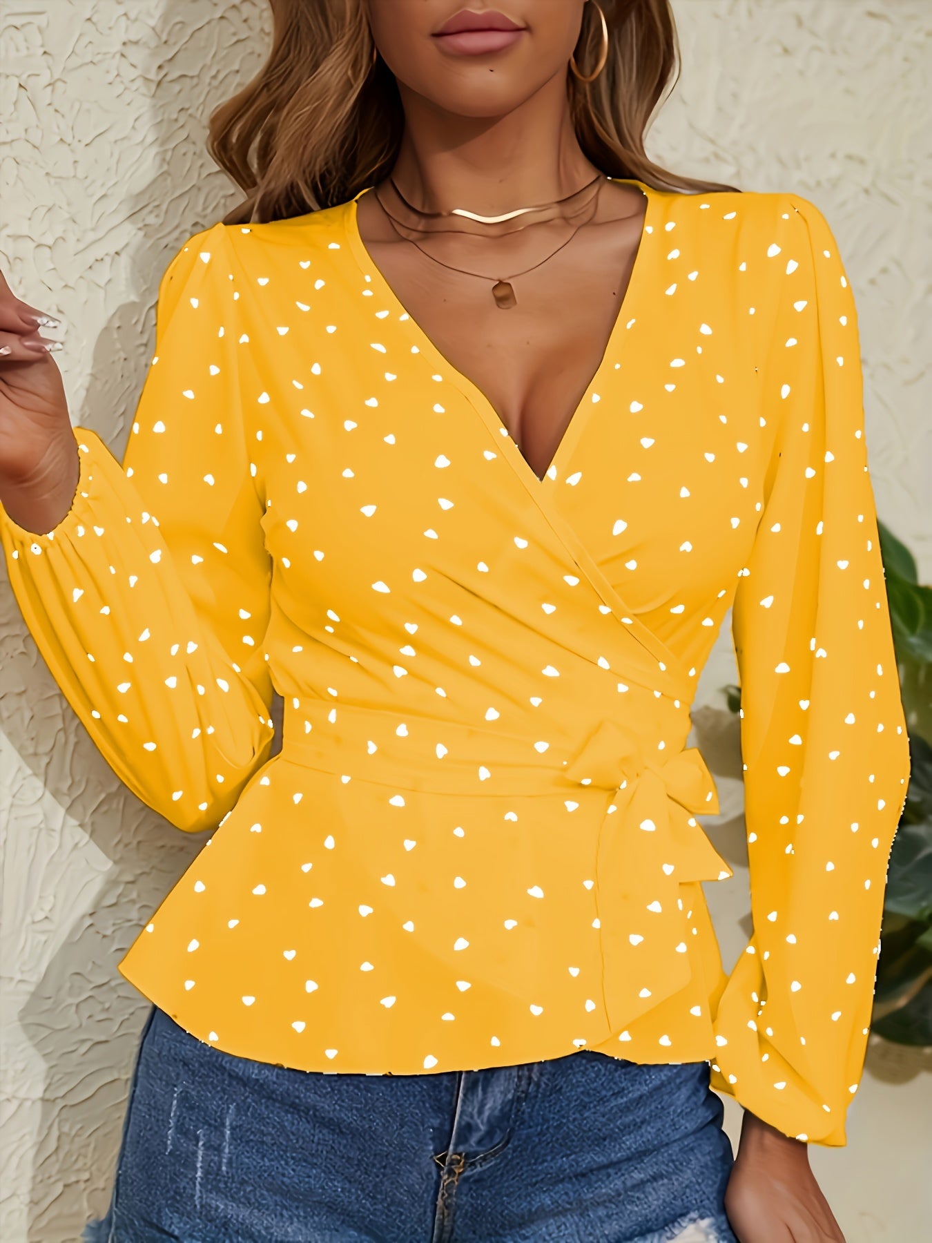 Heart Print Tie Waist Blouse, Casual Surplice Neck Long Sleeve Blouse For Spring & Summer, Women's Clothing