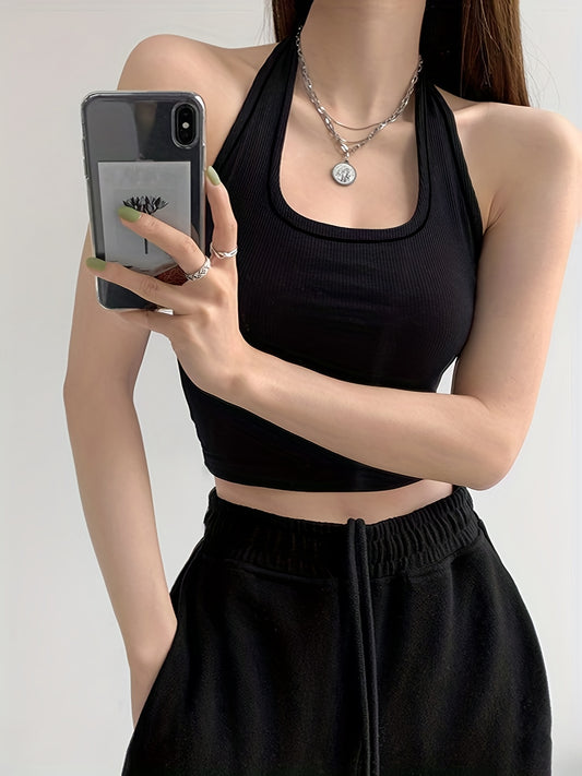 vlovelaw  Halter Neck Crop Sweater Vest, Sexy Backless Casual Sweater For Spring & Summer, Women's Clothing
