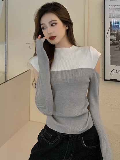 vlovelaw  Color Block Mock Neck Pullover Sweater, Casual Cold Shoulder Long Sleeve Stylish Sweater, Women's Clothing