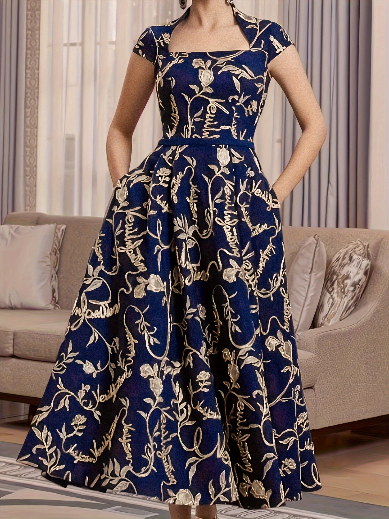vlovelaw Plus Size Elegant Bridesmaid Dress, Women's Plus Floral Print Cap Sleeve Square Neck A-line Maxi Evening Formal Dress