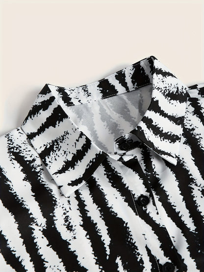 All Over Print Polo Collar Button Shirt, Casual Long Sleeve Shirt For Spring & Fall, Women's Clothing