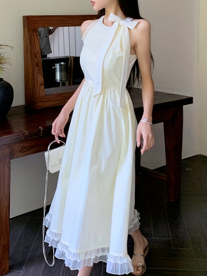 vlovelaw  Solid Mesh Splicing Tie Neck Dress, Elegant Sleeveless Ruffle Hem Swing Dress For Spring & Summer, Women's Clothing