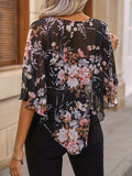 Floral Print Asymmetrical Blouse, Elegant Crew Neck Summer Blouse, Women's Clothing