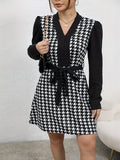 vlovelaw  Houndstooth Print Simple Dress, Elegant V Neck Long Sleeve Dress, Women's Clothing