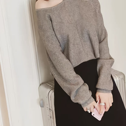 vlovelaw  Solid Mock Neck Pullover Sweater, Casual Cold Shoulder Long Sleeve Loose Sweater, Women's Clothing