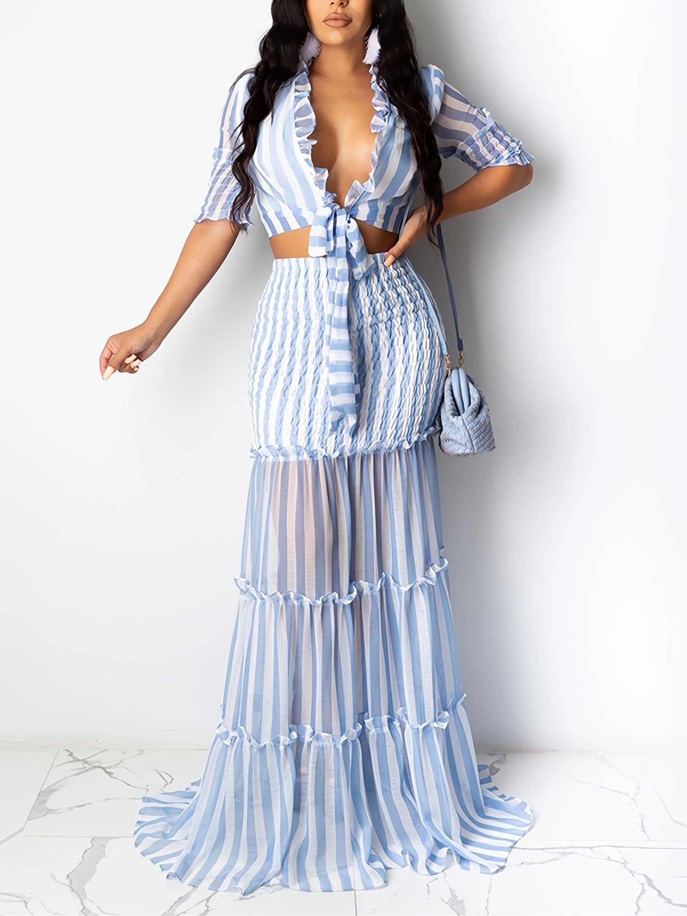 vlovelaw  Sexy Striped Chiffon Print Skirt Two-piece Set, Lace Up Crop Tops & High Waist Long Skirt Set, Women's Clothing