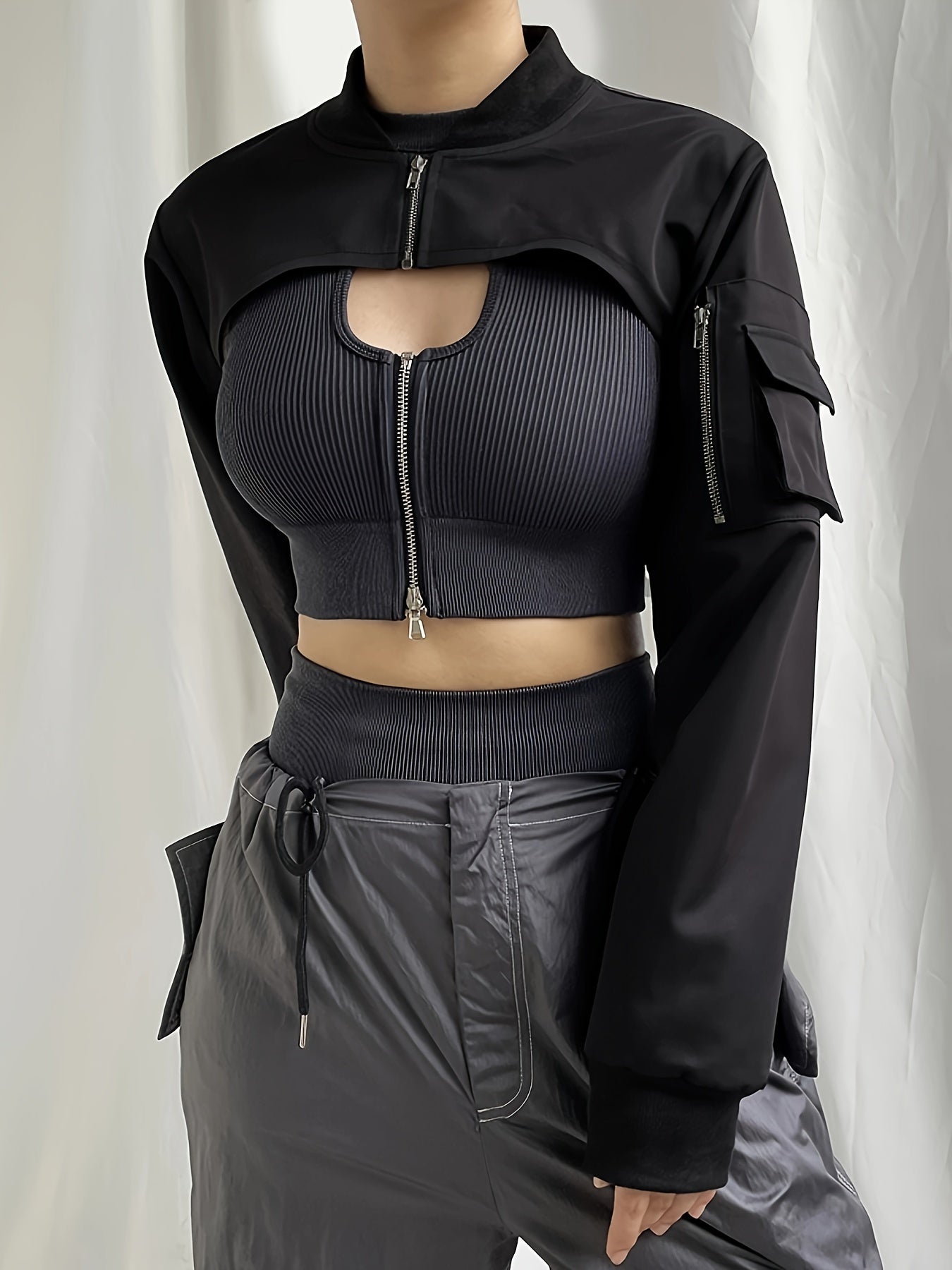 Solid Flap Pockets Crop Jacket, Versatile Long Sleeve Zipper Cropped Bomber Jacket, Women's Clothing