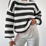 vlovelaw Striped Pattern Crew Neck Pullover Sweater, Y2K Lantern Sleeve Sweater For Fall & Winter, Women's Clothing
