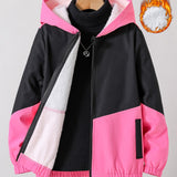 Girls Chevron Color Block Hooded Fleece Lined Windbreaker Jacket For Teen Kids Autumn And Winter