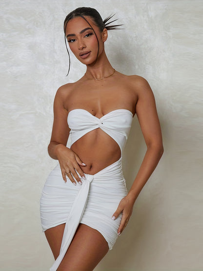 vlovelaw Ruched Cut Out Tube Dress, Club Wear Knotted Bodycon Mini Dress, Women's Clothing