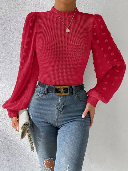 vlovelaw  Swiss Dot Mock Neck Blouse, Casual Long Lantern Sleeve Blouse For Spring & Fall, Women's Clothing