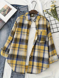 Plaid Shirt With Pocket, Long Sleeve Button Up Casual Top For Spring & Fall, Women's Clothing