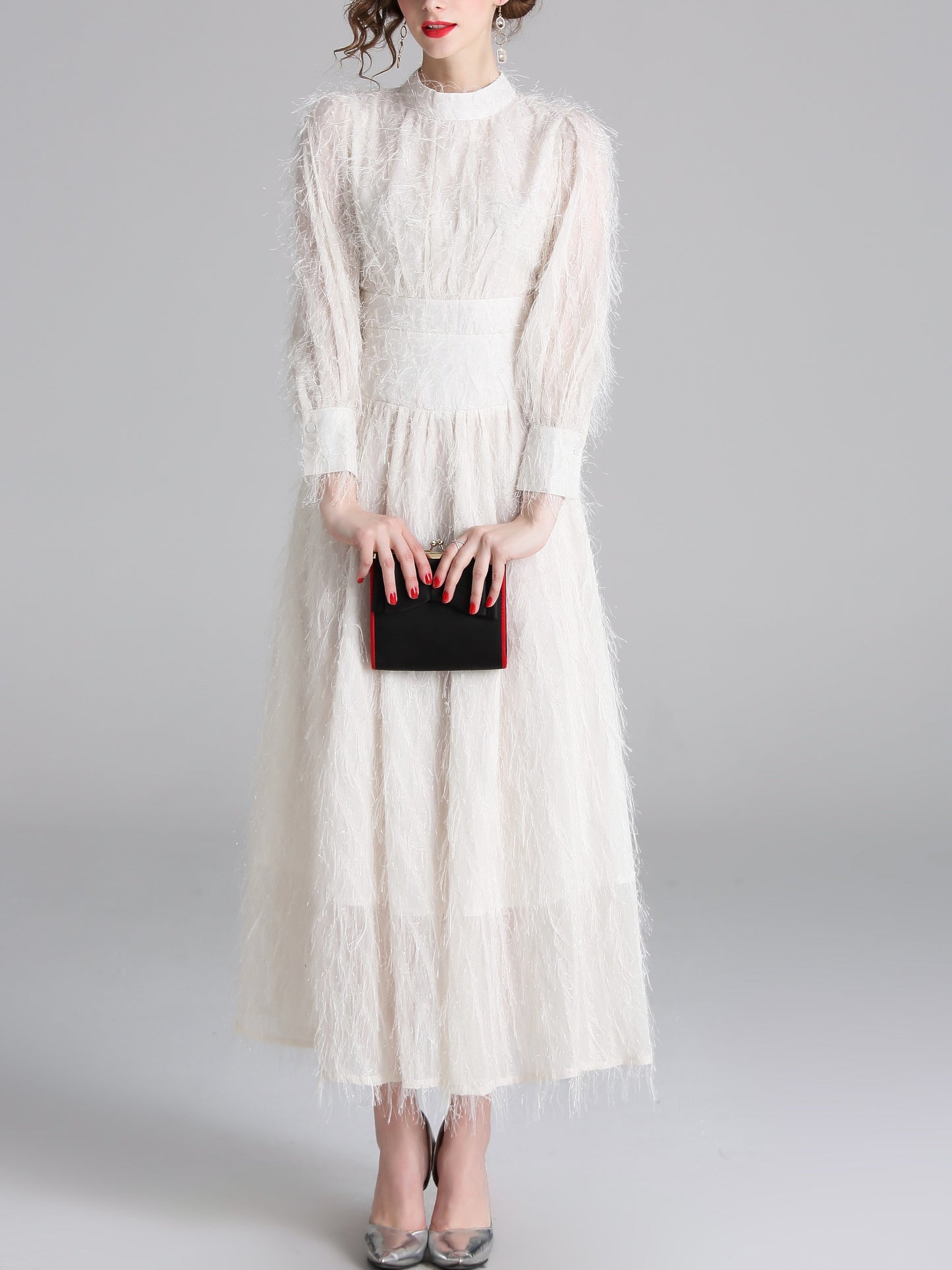 vlovelaw  Solid Mock Neck Fluffy Dress, Elegant Lantern Long Sleeve Dress For Spring & Fall, Women's Clothing