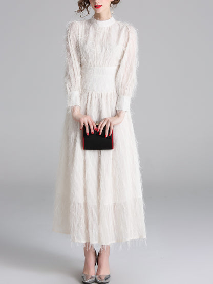 vlovelaw  Solid Mock Neck Fluffy Dress, Elegant Lantern Long Sleeve Dress For Spring & Fall, Women's Clothing