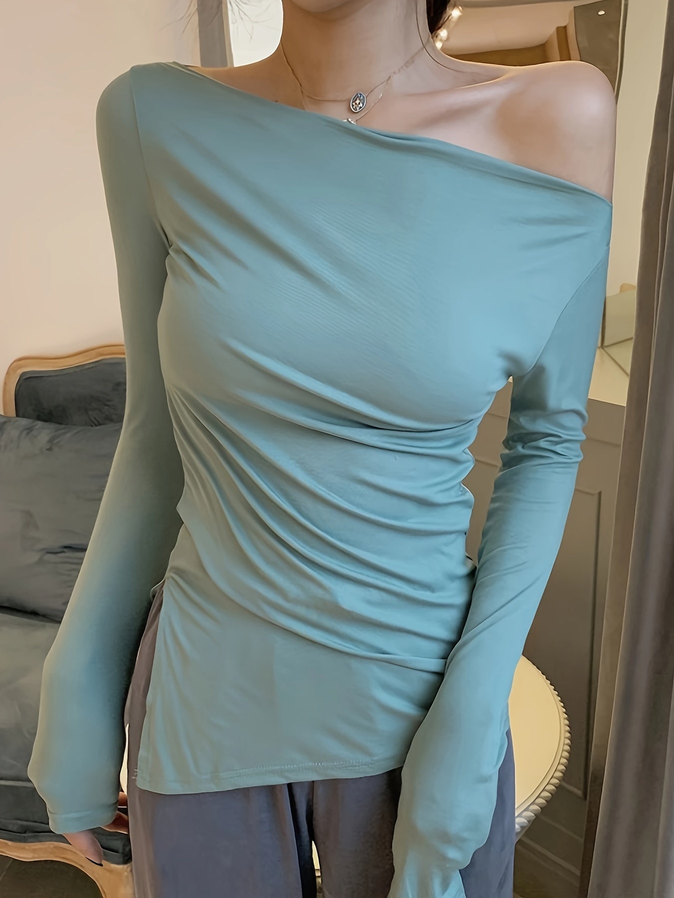 Solid Off Shoulder T-shirt, Casual Long Sleeve Slim Top For Spring & Fall, Women's Clothing