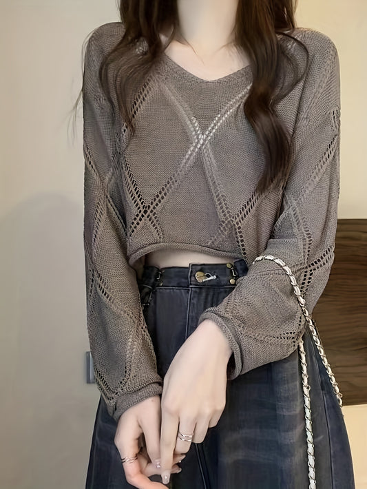 vlovelaw  Solid Cut Out Asymmetrical Sweater, Casual Long Sleeve Sweater For Spring & Fall, Women's Clothing