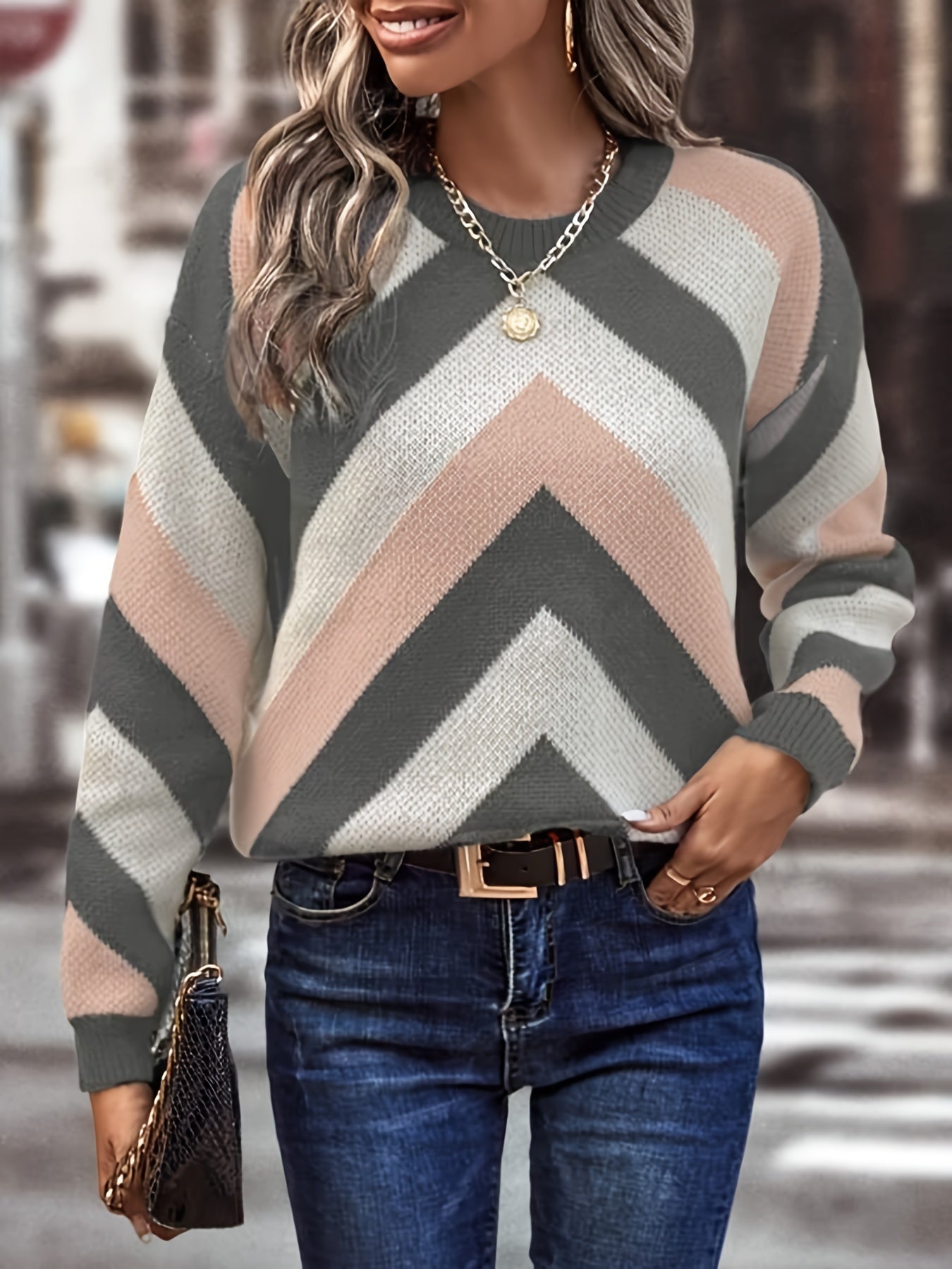 Color Block Crew Neck Pullover Sweater, Casual Long Sleeve Sweater For Fall & Winter, Women's Clothing