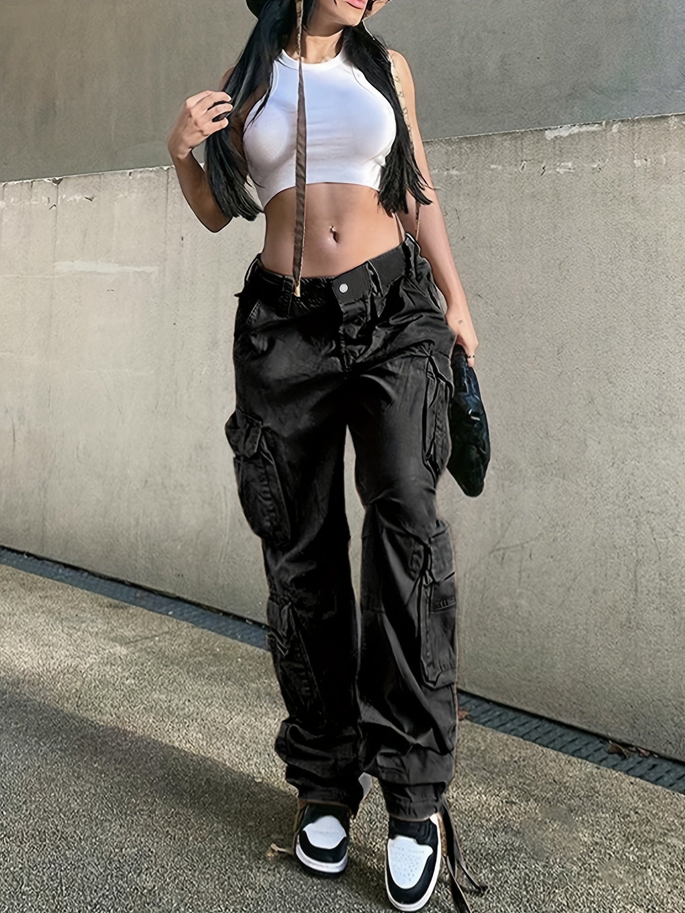Wide Legs Baggy Cargo Pants With Flap Pockets, Girl's Y2K Style Jeans, Y2K Kpop Vintage Style Women's Clothing & Denim