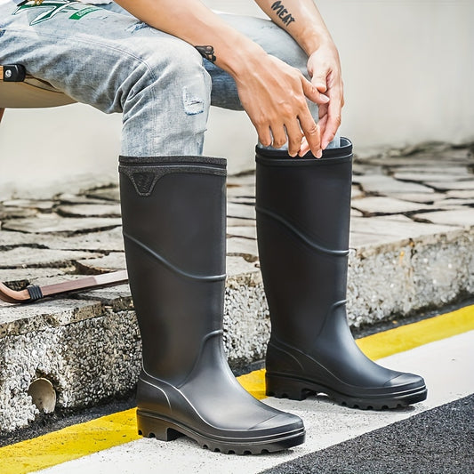 Men's Solid Color Professional Knee High Waterproof Rain Boots, Comfy Non Slip Durable Water Shoes For Men's Rainy Day Outdoor