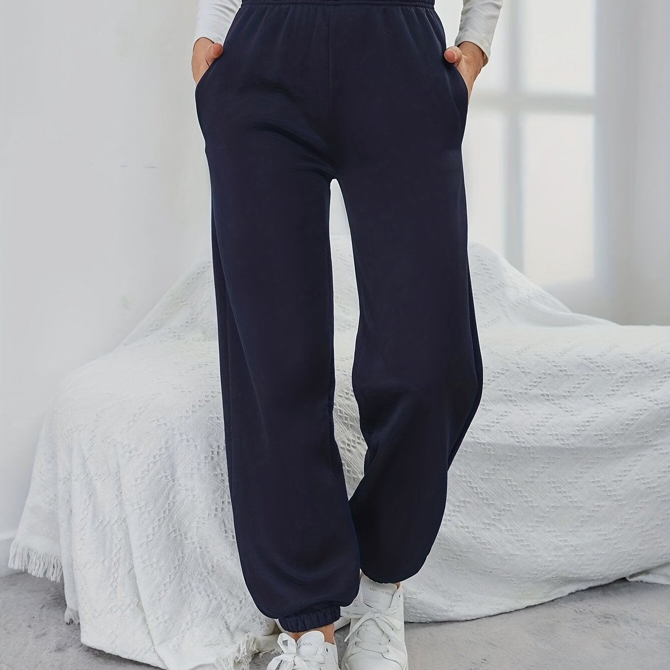 vlovelaw  Solid Versatile Pants, Casual Elastic Waist Jogger Pants, Women's Clothing