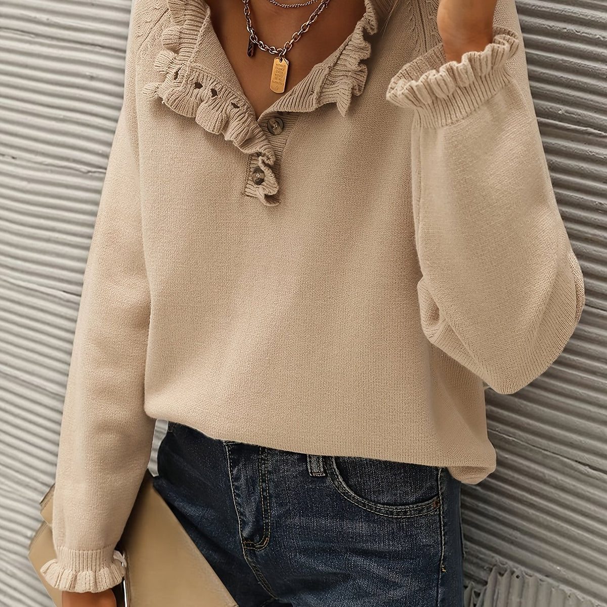 vlovelaw  Solid V Neck Button Ruffle Hem Pullover Sweater, Casual Long Sleeve Sweater For Fall & Winter, Women's Clothing
