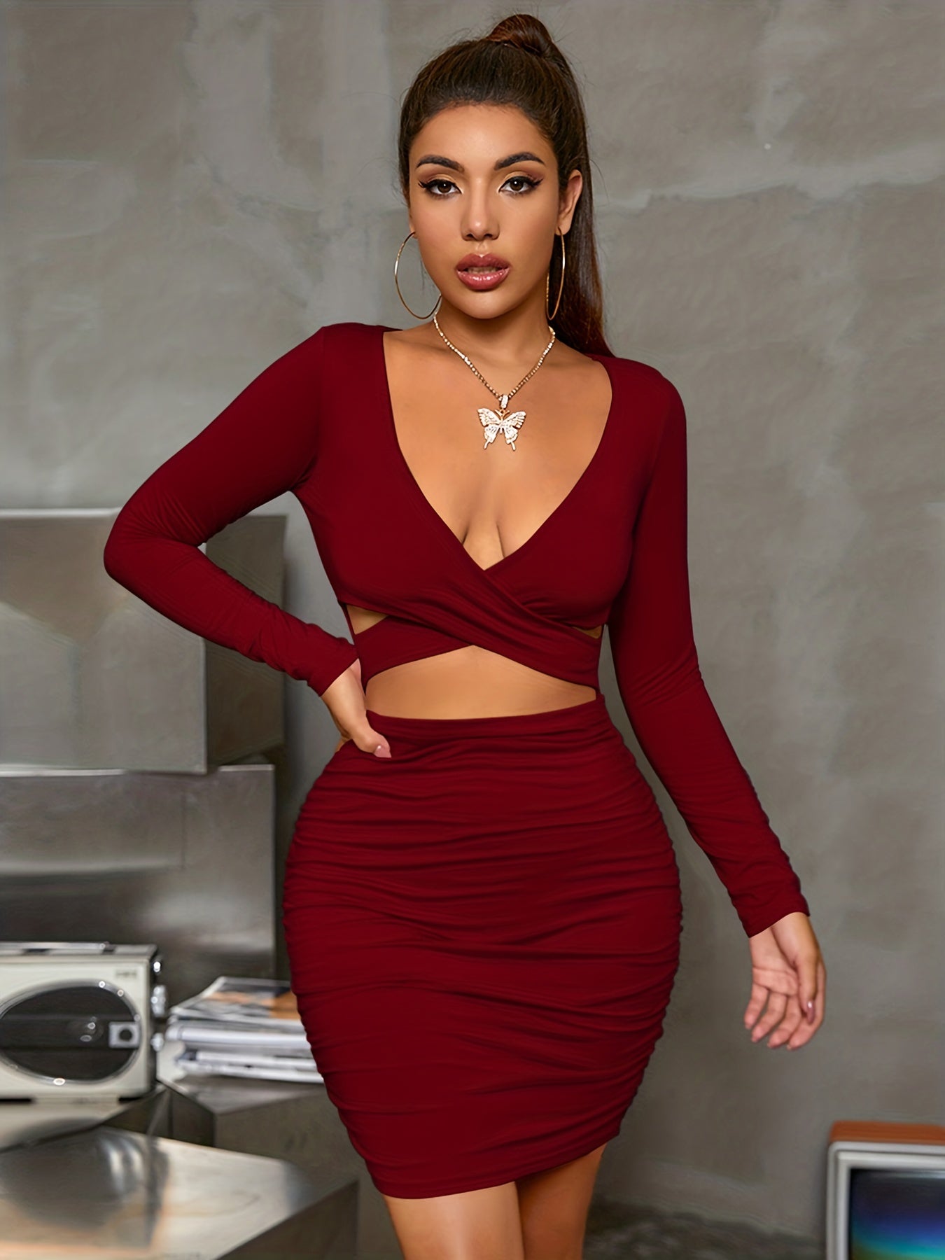 vlovelaw  Cut Out Plunging Dress, Sexy Long Sleeve Bodycon Ruched Dress, Women's Clothing