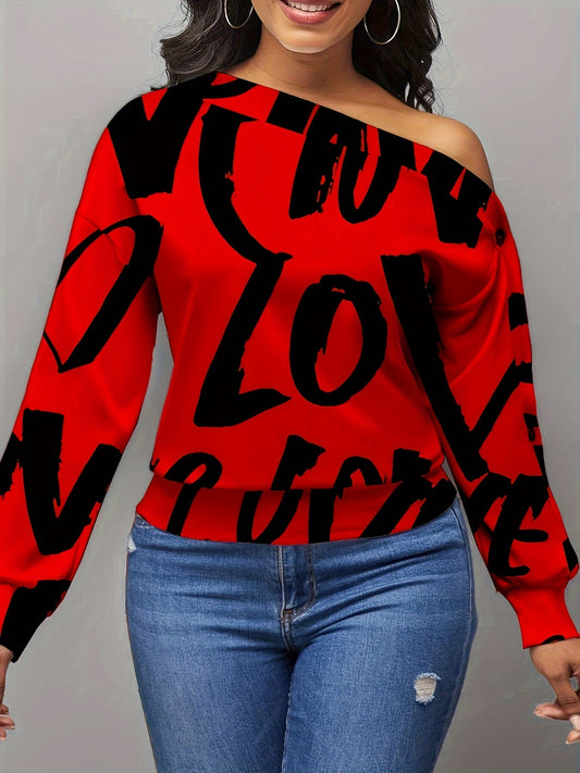 vlovelaw Letter Print Off-shoulder T-Shirt, Casual Long Sleeve T-Shirt For Spring & Fall, Women's Clothing