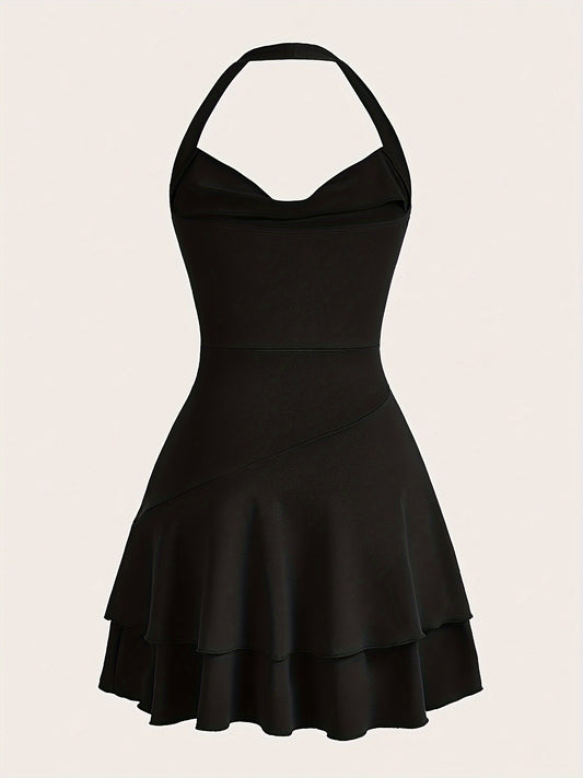 vlovelaw  Solid Cowl Neck Halter Dress, Vintage Backless Halter Flare Tiered Dress For Spring & Summer, Women's Clothing
