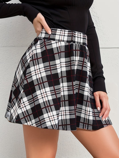 Plaid Print Mini Skirts, Casual Versatile High Waist Skirts, Women's Clothing
