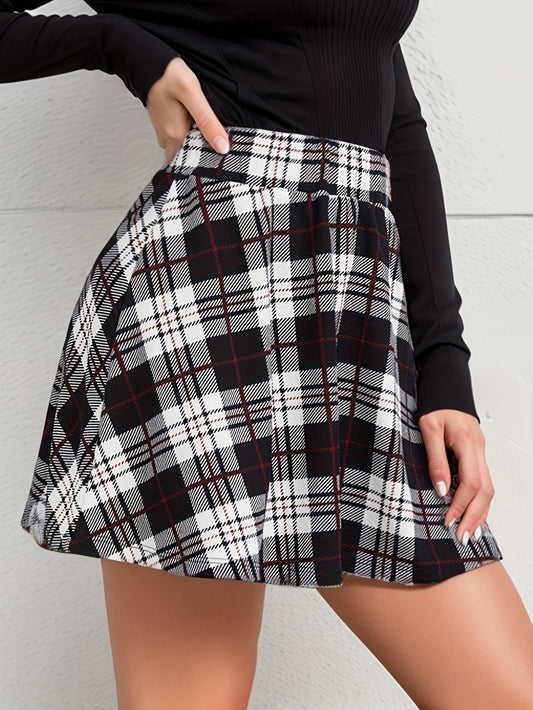 Plaid Print Mini Skirts, Casual Versatile High Waist Skirts, Women's Clothing