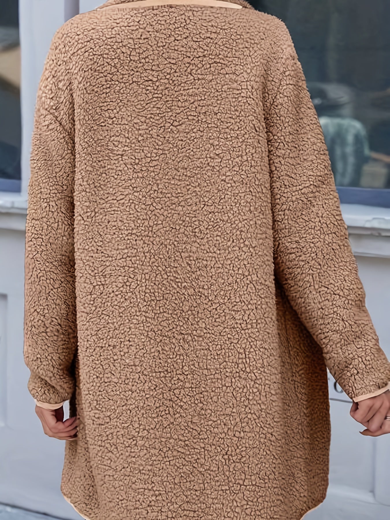 vlovelaw  Solid Open Front Fleece Jacket, Casual Lapel Long Sleeve Jacket Coat, Women's Clothing