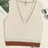 vlovelaw  Elegant V Neck Crop Knitted Vest, Sleeveless Sweater For Spring & Fall, Women's Clothing