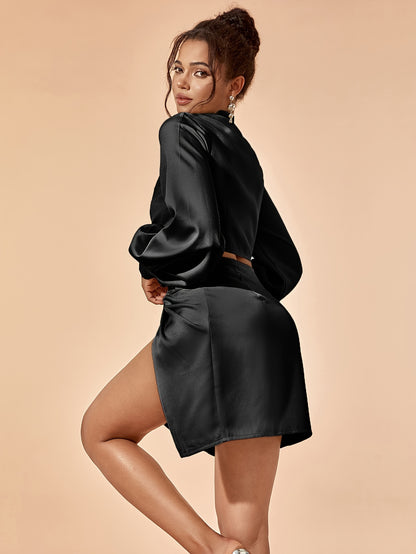vlovelaw Twist Solid Color Two-piece Skirt Set, V Neck Lantern Sleeve Crop Top & Split Thigh Skirt Outfits, Women's Clothing