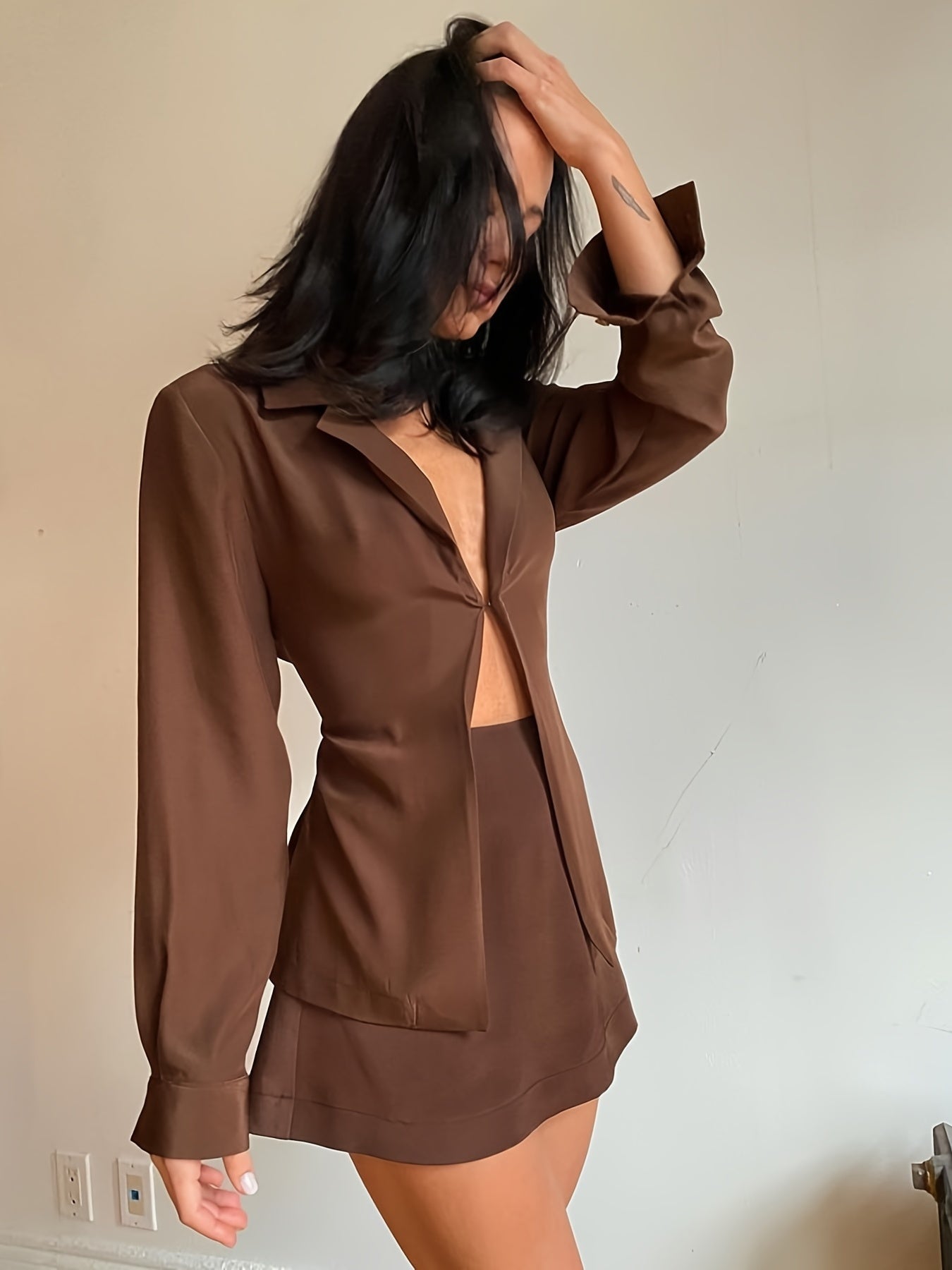 vlovelaw  Women's Stylish Two Piece Blouse Set, Solid Lapel Blouse & High Waist Mini Skirt, Women's Clothing