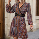 vlovelaw  Contrast Lace Striped Dress, Elegant V Neck Long Sleeve Dress, Women's Clothing