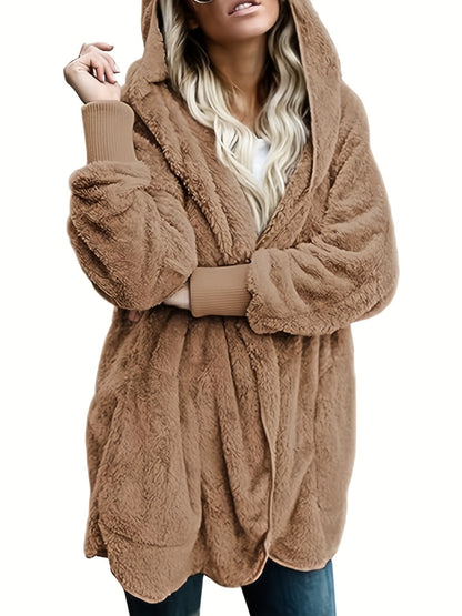 Solid Hooded Fuzzy Coat, Casual Long Sleeve Open Front Coat For Winter & Fall, Women's Clothing