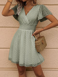 Solid Shirred Waist Dress, Elegant V Neck Flutter Sleeve Dress, Women's Clothing