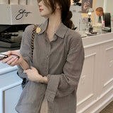 vlovelaw  vlovelaw  Stripe Print Polo Collar Button Shirt, Casual Long Sleeve Shirt For Spring & Fall, Women's Clothing