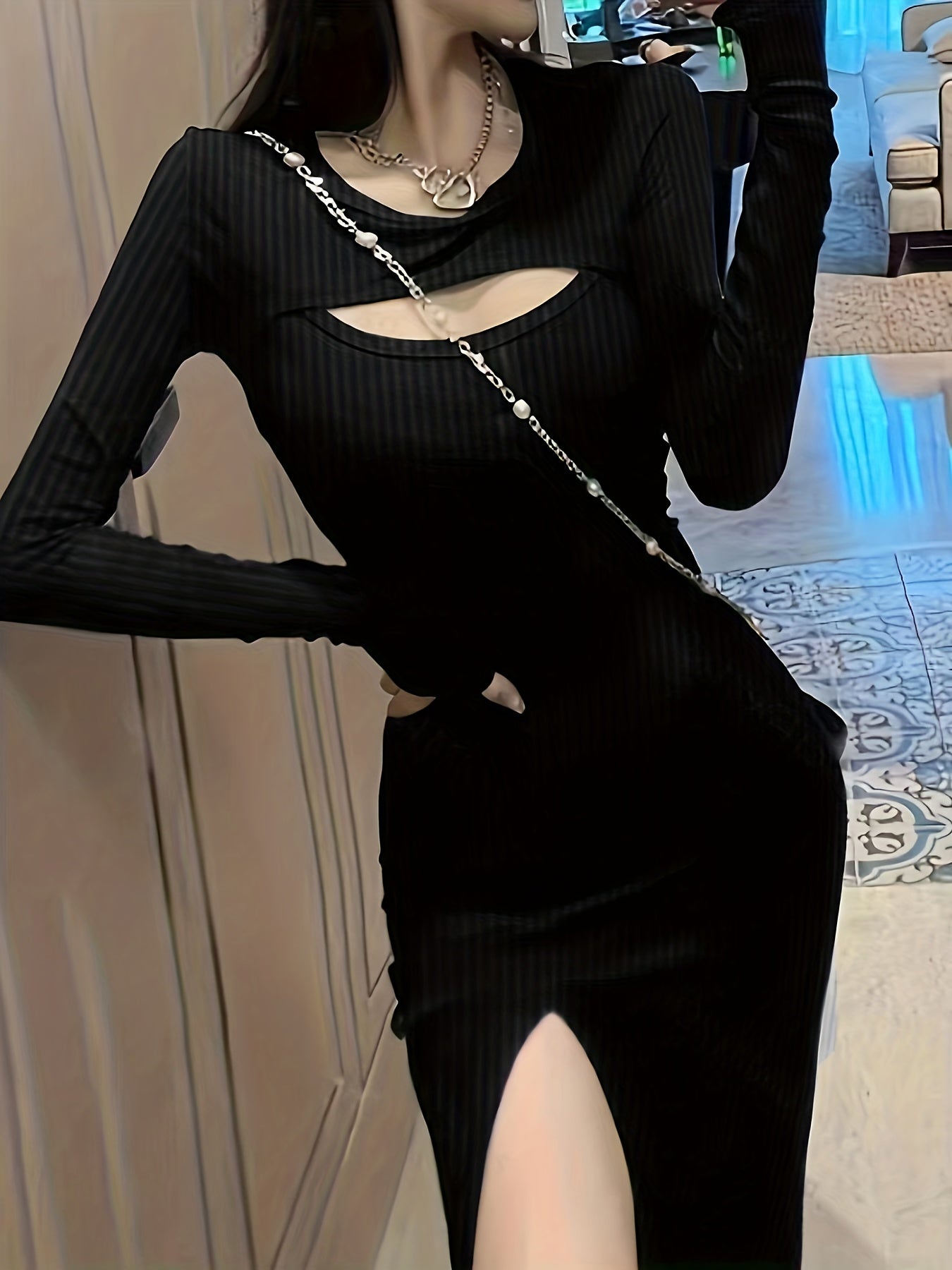 vlovelaw  Cut Out Split Thigh Dress, Sexy Solid Long Sleeve Bodycon Dress, Women's Clothing
