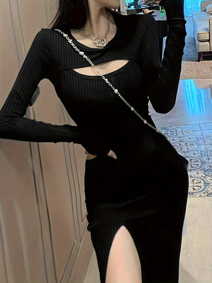 vlovelaw  Cut Out Split Thigh Dress, Sexy Solid Long Sleeve Bodycon Dress, Women's Clothing