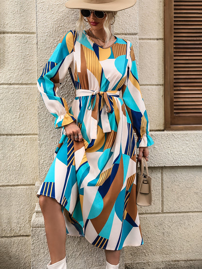 vlovelaw  Geo Print Ruffle Trim Dress, Elegant Crew Neck Long Sleeve Dress, Women's Clothing