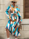 vlovelaw  Geo Print Ruffle Trim Dress, Elegant Crew Neck Long Sleeve Dress, Women's Clothing